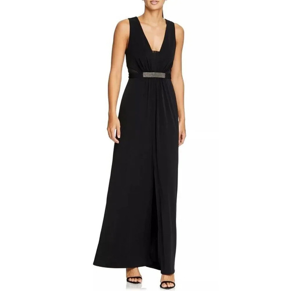 HALSTON HERITAGE NWT Jewel Waist Crepe GOWN Maxi DRESS Size 8 BLACK - Picture 1 of 11